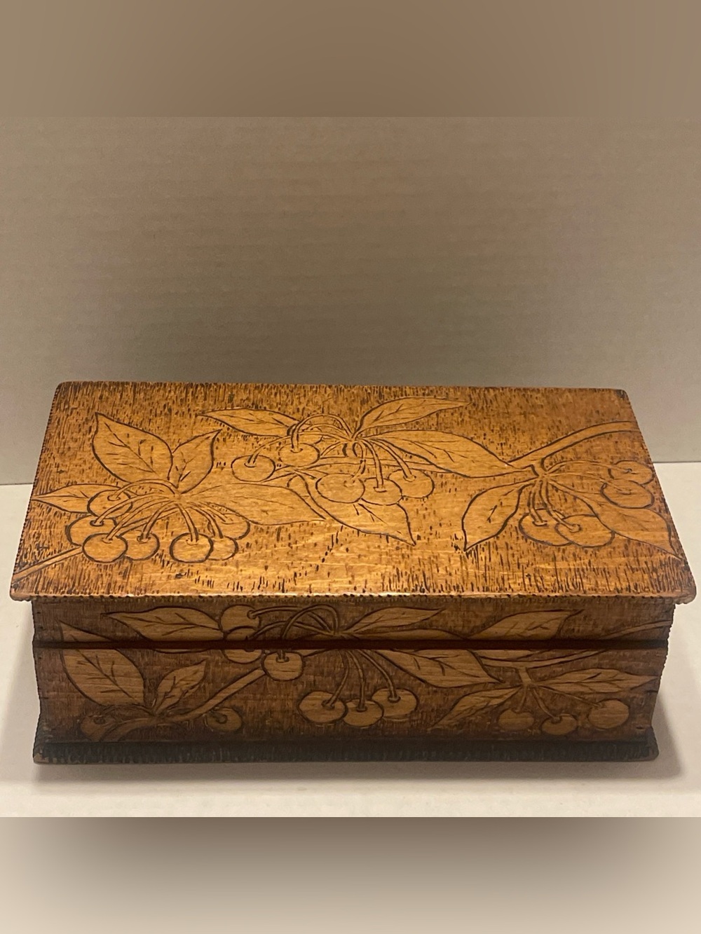 Vintage Wood Cherry Carved hanky Box